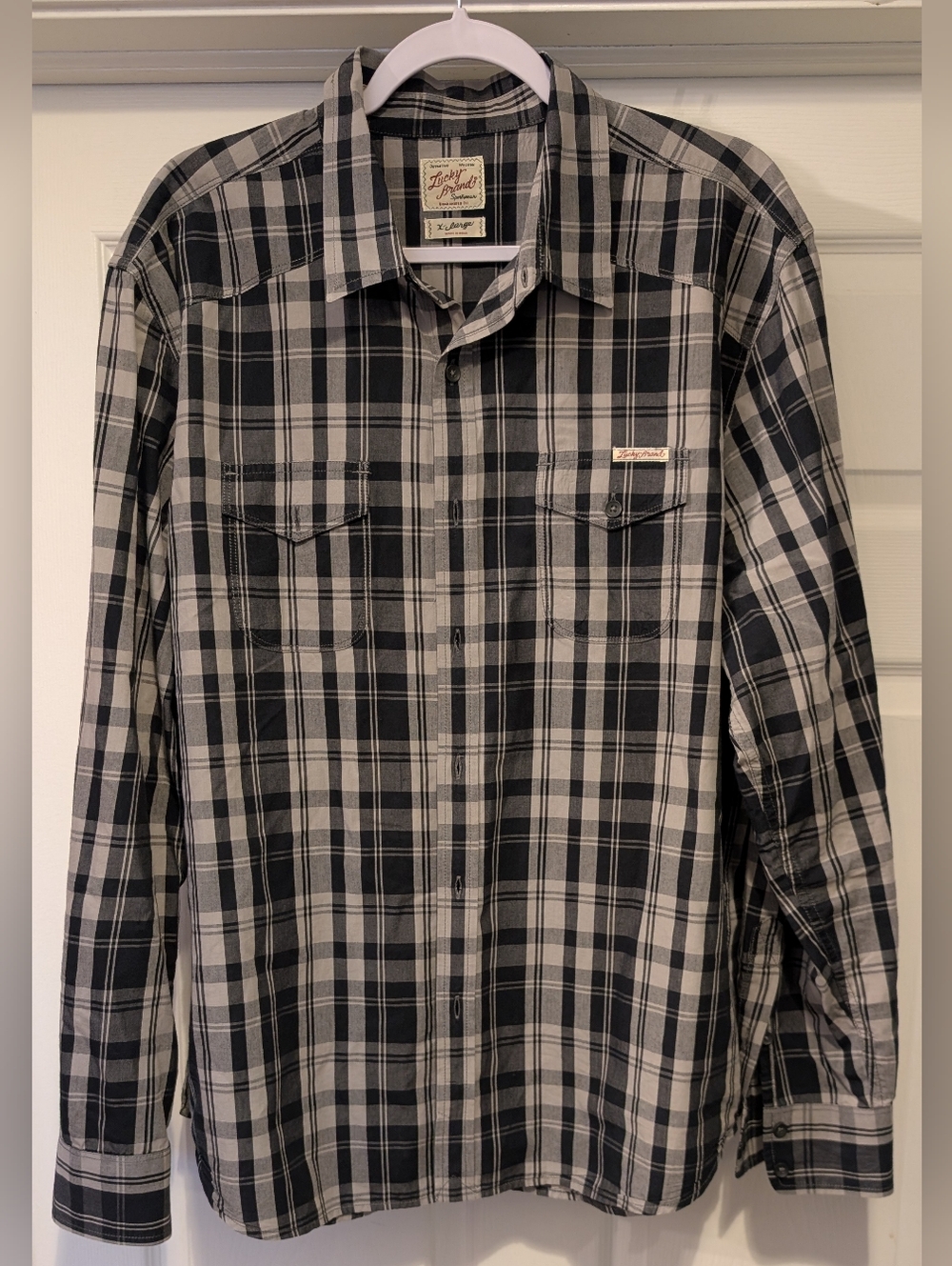 Lucky Brand Distinctive Western Men's Black Gray Plaid Casual Button Down Shirt